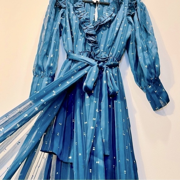 NEW Misa Los Angeles Blue Ruffle Maxi Faux Wrap Long Sleeve V Neck Sheer Dress - Picture 11 of 16